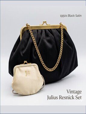 Vintage Julius Resnick Black Satin Evening Clutch | Mid Century MCM Purse Set
